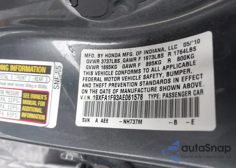 2010 Honda Civic Exl z USA, uszkodzony, nr VIN 19XFA1F93AE061578
